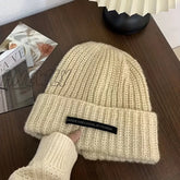Hnewly Thick Oversized Beanie Label Patch Solid Color Knit Hats Simple Casual Coldproof Beanies